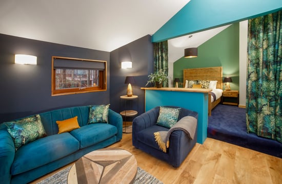 Golden Oak Hideaway lounge and bedroom