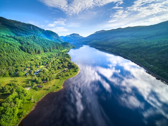 Drone view of Loch Lubnaig and Strathyre, Forest Holidays location