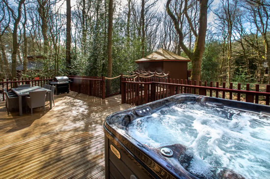 Golden Oak Treehouse hot tub and decking area at Delamere Forest, Cheshire
