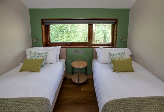 Golden Oak Treehouse twin bedroom at Delamere Forest, Cheshire