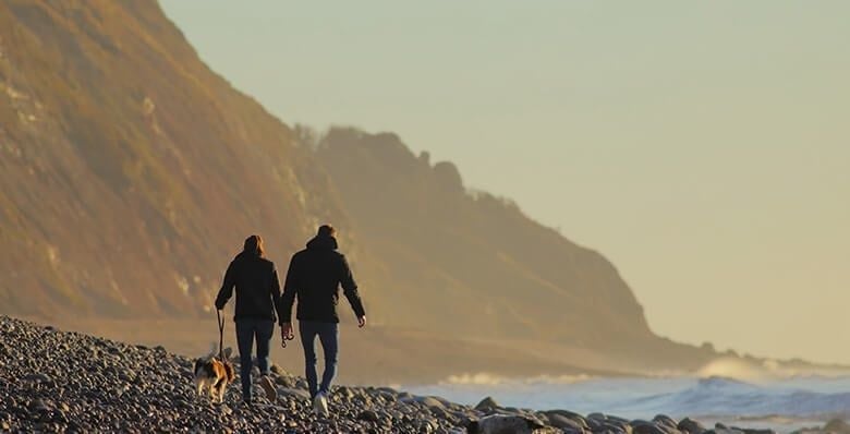 Couple and dog walking along a pebble beach