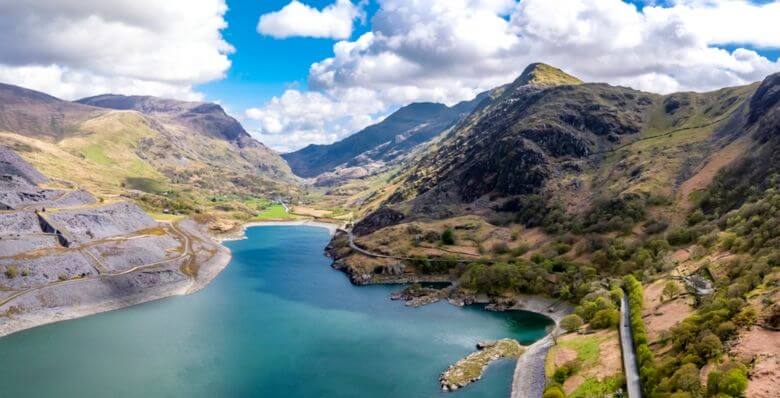 Birds eye view of a lake in Snowdonia