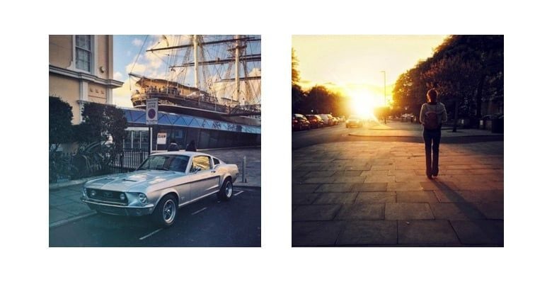 Photography images of a car and a lady walking down the street at sunset