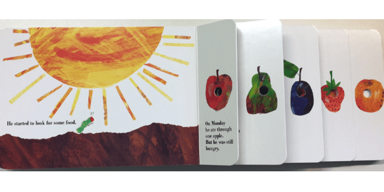 The Very Hungry Caterpillar eats through the book