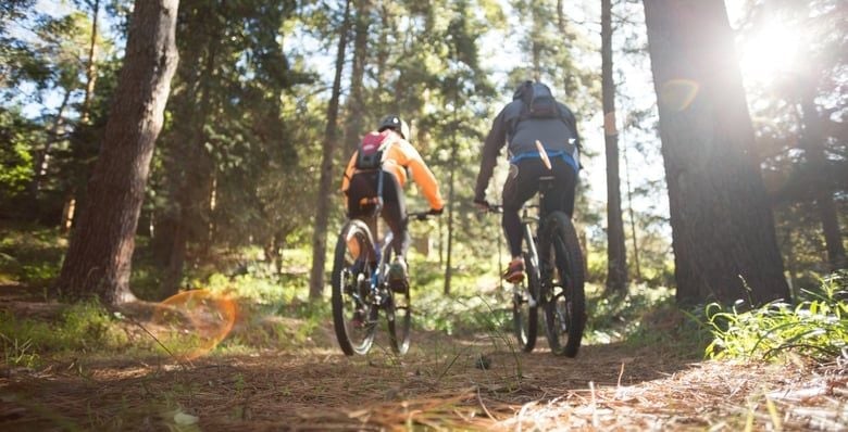 Mountain biker couple riding through the forest