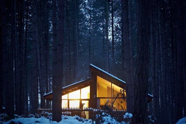 A cabin in the snowy woods at Forest Holidays