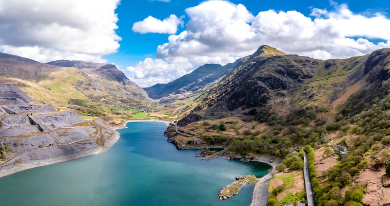 Aerial view of the Snowdonia National Park close to the historic Dolbadarn Castle in Llanberis, Snowdonia