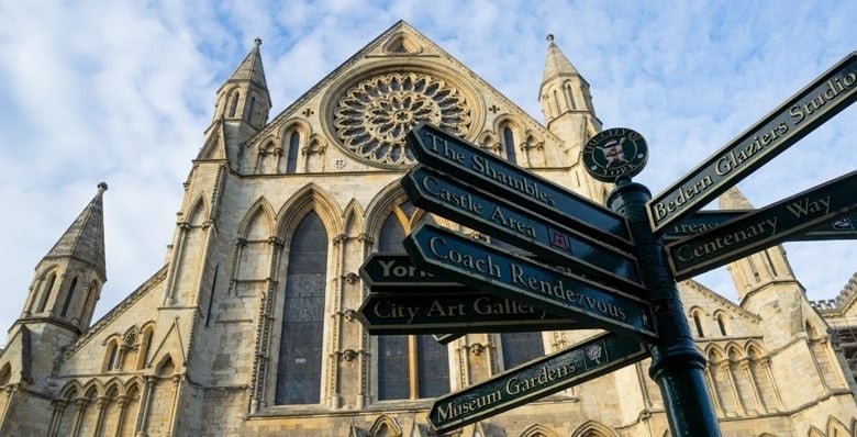 Signs in York city centre outside the Cathedral