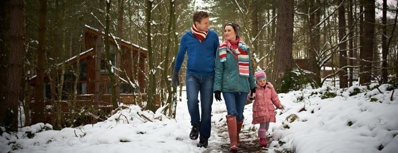 Family walks in the snow at Forest Holidays