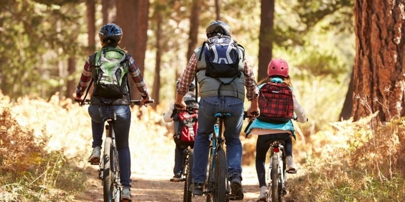 A family cycling through the forest on a cycling holiday